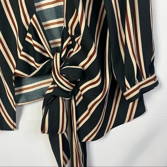 Zara Black & Red Stripe Wrap Around Tie Front Long Sleeve Blouse XS - Picture 3 of 6